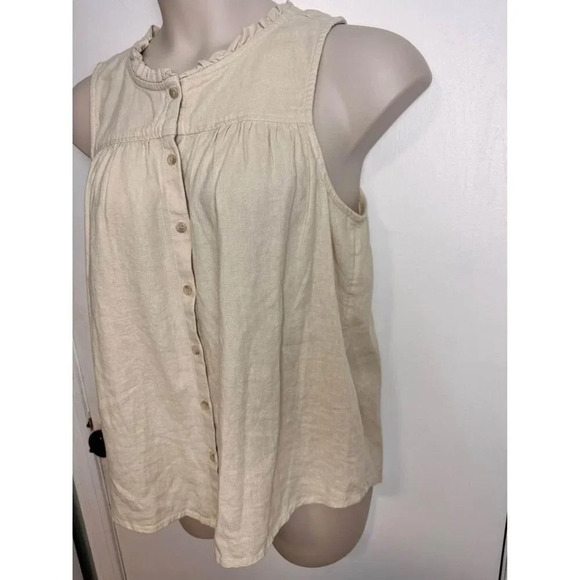 Sonoma PARADISE SAND BEIGE LINEN RUFFLE BUTTON FRONT TANK TOP size large #0817 - Picture 3 of 5